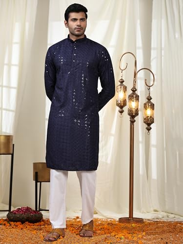 Image of Pro-Ethic Style Developer Men Silk Striped Father Son Matching Ethnic Wear Embroidery Mirror Work Kurta Pyjama Set |(Combo)B-117