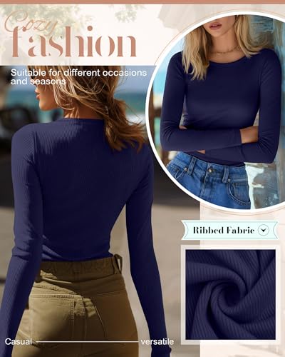 Riyiper 3 Pack Women's Long Sleeve Shirts, Cotton Crew Neck Ribbed Tops Slim Fit Casual Knit Tees Stretch Basic T Shirts 20254