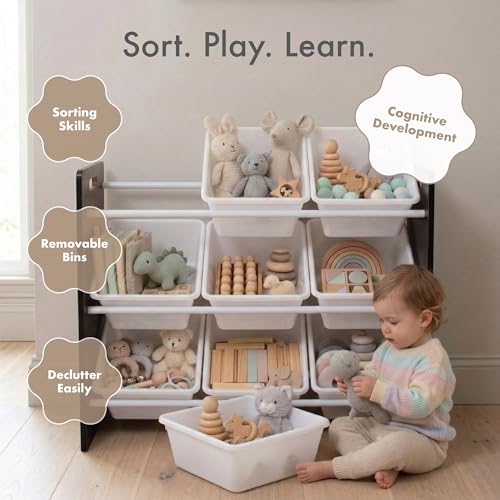 Image of Humble Crew Toy Storage Organizer with 9 Removable Storage Bins for Kids Playroom, 3-Tier Toddler Toy Organization and Storage, Espresso /White