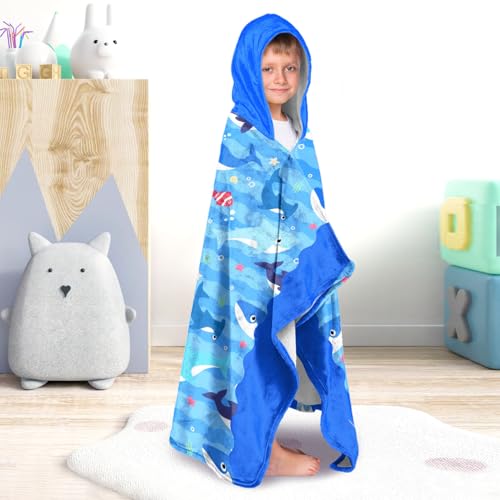 Image of Shark Boys Beach Towel with Hoodie for Kids Toddlers Age 4-8,Shark Blue Bath Towels Shower Wrap for Boys, Hooded Poncho Beach Blanket for Pool Swimming Cute Wearable Bath Towel for Child