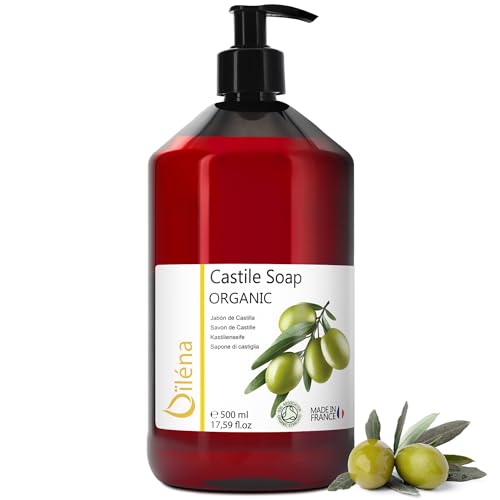Oïléna - Savon de Castille Liquide Bio 100% Naturel | Mains, Visage, Corps, Cheveux | Sans Parabens, Silicones | Vegan | Savon bébé bio | Gel Douche, Camping, 500 ml