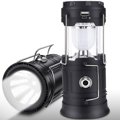 EXTRASTAR Solar Campinglampe Tragbar, Wasserdicht LED Laterne 5W, 2-in-1 Taschenlampe & Zeltlampe, USB/Solar/Batterie, Wiederaufladbare Notfallleuchte...