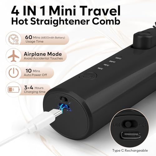Image of Cordless Curling Iron Brush, Mini Travel Hot Straightener Comb Curl Brush, Rechargeable 4 Temps Cordless Wand Blush with 200 Million Negative Ions for Curls Straightening Styling (Black)