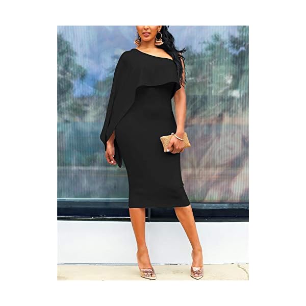 GOBLES-Womens-Summer-Sexy-One-Shoulder-Ruffle-Bodycon-Midi-Cocktail-Dress GOBLES Women's Summer Sexy One Shoulder Ruffle Bodycon Midi Cocktail Dress Black