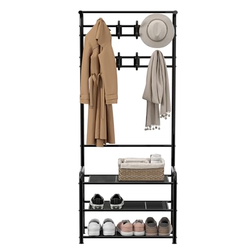Innotic Porte-Manteau 3-en-1 pour Entrée, Meuble avec 3 Étagères à Chaussures et 16 Crochets, 182cm sur Pieds en Acier, Vestiaire pour Couloir, Noir