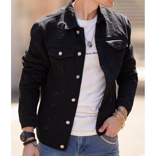 Denim Jacket for Men Ripped Holes Button down Denim Jacket Classic Casual Slim Fit Long Sleeve Fashion Solid Jackets3