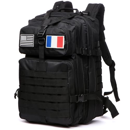 GUJOIN Sac À Dos Tactique 50 Litres - Grande Capacité Système MOLLE Militaire Imperméable Idéal Pour Urgences De 3 Jours Chasse Randonnée Et Camping Sac À Dos Pour De Plein Air (Noir)