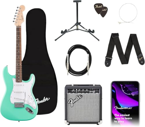 Image of Fender Squier Debut Stratocaster Beginner Electric Guitar Kit Seafoam Green | Complete starter pack with Frontman 10G amp, padded gig bag, strap, free lessons, 2-year warranty included