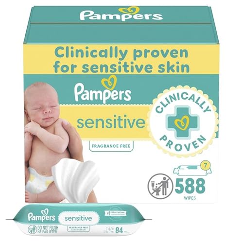 Image of Pampers Baby Wipes Sensitive, Water Based Wipes, Hypoallergenic and Unscented Wipes, 588 Wipes Total (7 Refill Packs)