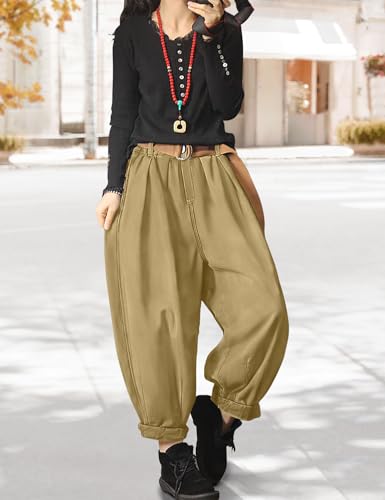 YESNO Baggy Cropped Pants for Women Casual Loose Elastic Waist Denim Trousers with Pockets PDJ2