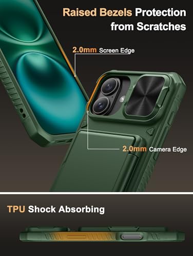 Image of Vihibii for iPhone 16 Plus Case with Card Holder (4 Cards) [RFID Blocking] & Slide Camera Cover, Military Grade Drop Protection, Rugged Hard Back & Silicone Edge Wallet Phone Cover, 6.7 inch 2024, Green