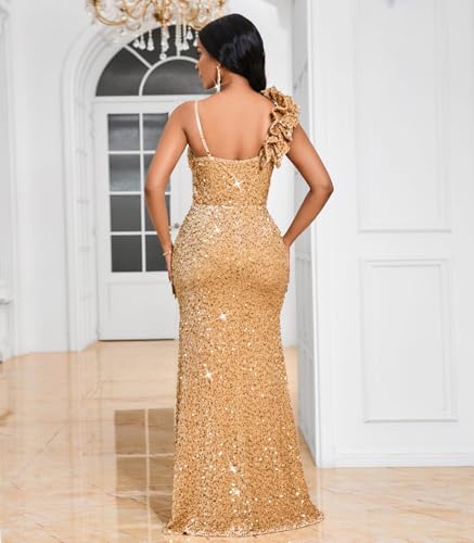 Image of Cololura Women Sexy Elegant Sequin High Split Ruffled Hem Mermaid Party Cocktail Bodycon Formal Evening Gowns Maxi Dress