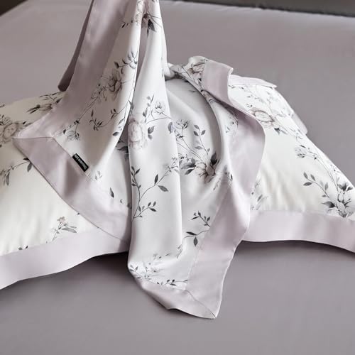 VM VOUGEMARKET Lilac Flower Duvet Cover Queen Silk-Like Smooth & Cool Eucalyptus Lyocell Duvet Cover with 2 Pillow Shams,Moisture Wicking Cooling Bedding Set for Summer-Queen,Purplish Grey