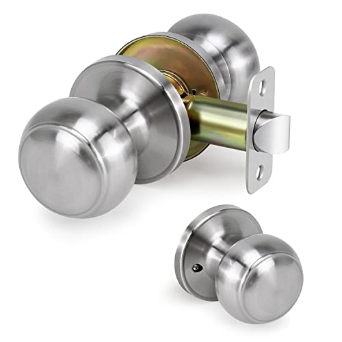 LOQRON Pomo de puerta de paso, cerradura de puerta interior sin bloqueo, manijas redondas para pasillos laterales derecho e izquierdo, pomos de armario, accesorios sin llave, níquel satinado, 1