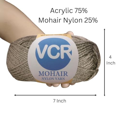 Image of VCR Mohair Nylon Taupe Brown Yarn, 100 Grams Hank, 196 Meters Length, Acrylic 75%, Mohair Nylon 25%, Pack of 1 Yarn, Soft Crosia Threads, Suitable for Winter Garments.