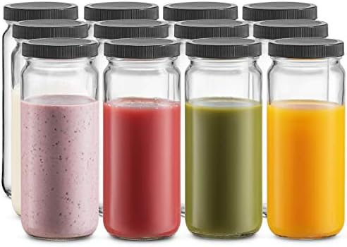 Travel Glass Drinking Bottle Mason Jar 16 Ounce [12-Pack] Plastic Airtight Lids, Reusable Glass Water Bottle for Juicing, Smoothies, Kombucha, Tea, Milk Bottles, Homemade Beverages Bottle,