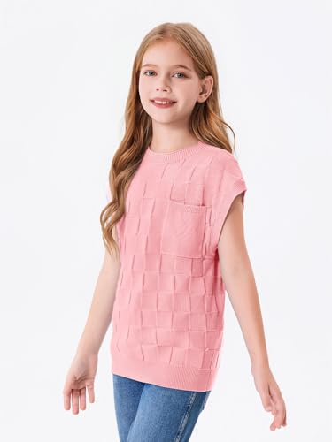 Haloumoning Girls Tops Summer Cute Vest Kids Cap Sleeve Crewneck Tanks Knit Loose Tops with Pocket 5-14 Years3