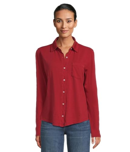 Elliott Lauren Women's Garment Dye Tees-Long Sleeve Button Front Shirt with Collar