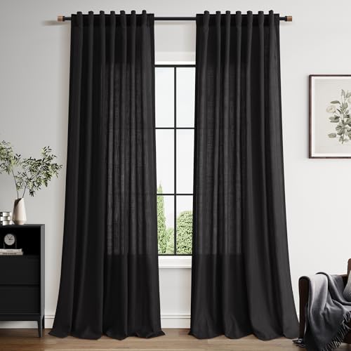 Image of Vintage Black Linen Curtains 102 Inches Long for Living Room Light Filtering Semi Sheer Curtain Back Tab Floor to Ceiling High Window Gothic Vintage Decor Drapes for Bedroom Office 52x102,2 Panels