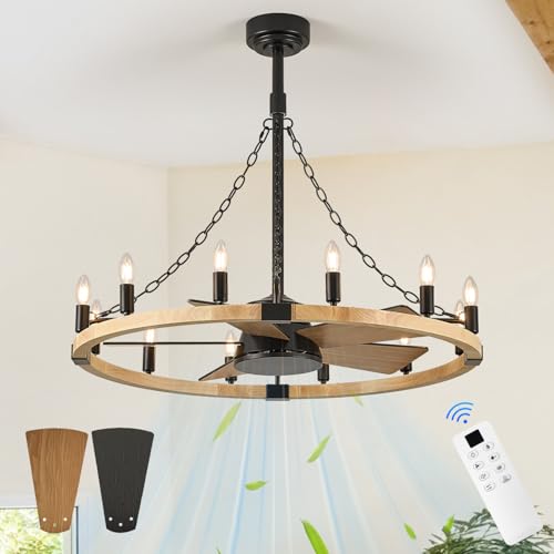 Image of Natural Wooden Wagon Wheel Chandelier Fans 12-Light 36 inch Fandelier
