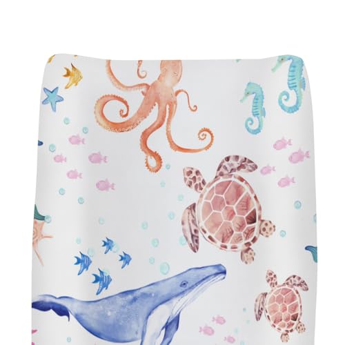 Colorful Ocean Animals Changing Pad Covers for Baby Girls Boys Whale Turtle Jellyfish Sea Horse Corals Fitted Changing Table Cover Mats Marine Life Soft Diaper Changing Table Sheets 32''×16''