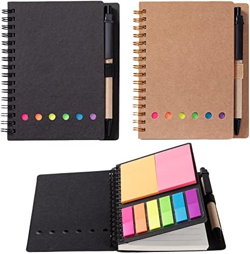 WILFANS 2 Packs Spiral Notebook Steno Pads Lined Notepad with Pen in Holder, Sticky Notes, Page Marker Colored Index Tabs Flags, 4.73"x5.9" Kraft Paper Cover Small Pocket Notebooks (2 Packs Black/Brown 2 Colors)