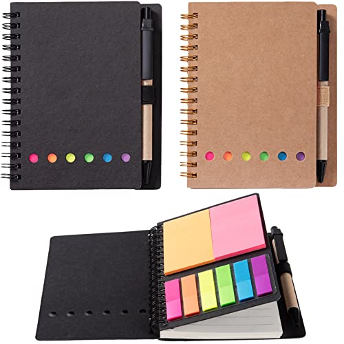Wilfans 2 Packs Spiral Notebook Steno Pads Lined Notepad With Pen In Holder, Sticky Notes, Page Marker Colored Index Tabs Flags, 4.73"X5.9" Kraft Paper Cover Small Pocket Notebooks (2 Packs Black/Brown 2 Colors) #TOP2