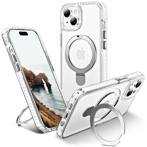 Sterker iPhone 15 ケース 6.1インチ用 [マグネット式リングスタンド付き] [Magsafe対応] [ミリタリーグレードの落下保護] スリム 耐衝撃 黄ばみ防止 保護クリアケース,白
