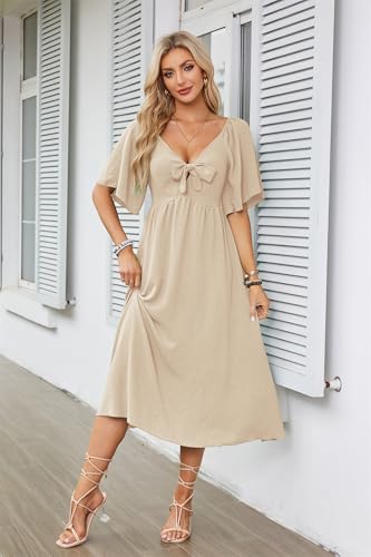GOLDSTITCH Summer Dress for Women 2025 Casual Short Sleeve Bow Tie V Neck Smocked High Waist A-Line Flowy Midi Dress4
