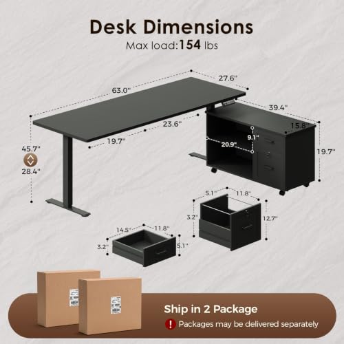 Image of OffiGo 63 Inch L Shaped Electric Standing Desk with Cabinet Sets, Black | Mobile Drawers & File Cabinet Sets for Flexible Layout, Height Adjustable Executive Stand Up Desk for Home Office Workstation