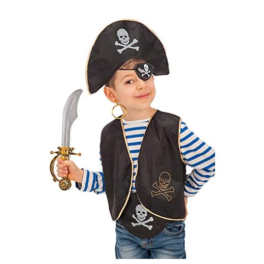Carnival Toys - Juego pirata para niño: sombrero, parche, chaleco, pendiente, espada y cinturón en bolsa con encabezado, color negro (662)