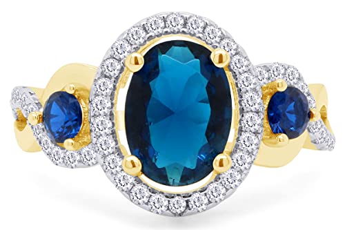 SAVEARTH DIAMONDS Three Stone, Oval Cut 8x6MM Center, Round Cut Simulated Blue Sapphire And White Cubic Zirconia Infinity Oval Halo Engagement Ring In 14k Gold Over Sterling Silver2