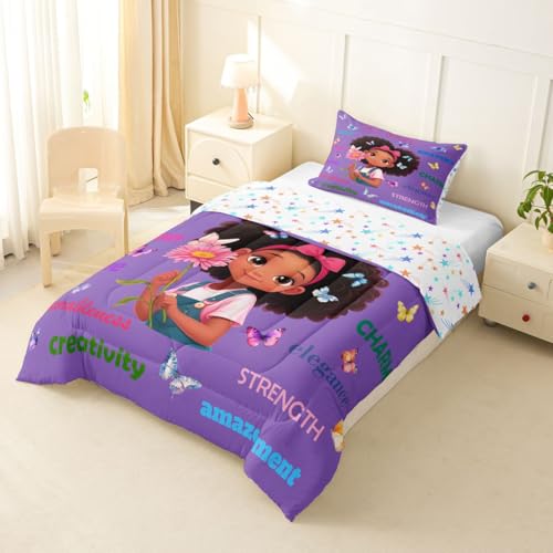 Image of Erosebridal Black Girls Magical Comforter Set Butterflies Inspirational Quotes Twin Bedding Set African American Comforter Afro Pretty Girls Duvet Insert for Nursery Kids Princess Cute Room Decor