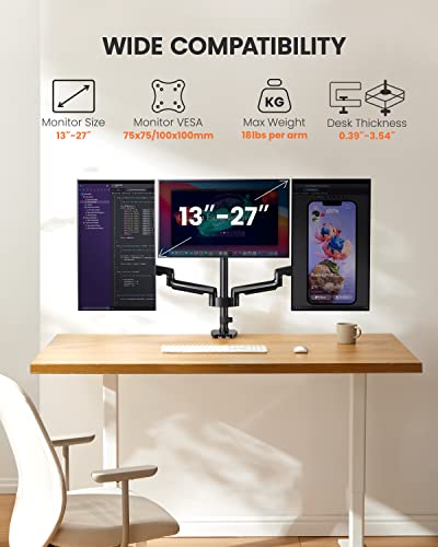 Image of ErGear Triple Monitor Mount for 13-27 inch Screens, Triple Monitor Arms with USB, Heavy Duty Three Monitors Stand with Tilt, Swivel, Rotation, Holds Up to 17.6 lbs Each Arm