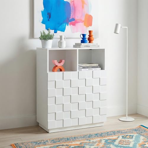 [en.casa] Aparador Alto Bopibobro con 6 Compartimentos Mueble Auxiliar de Cocina 2 Puertas con Diseño Cuadrado 3D Rectangular Armario Multiusos 86 x 64 x 36cm - Blanco