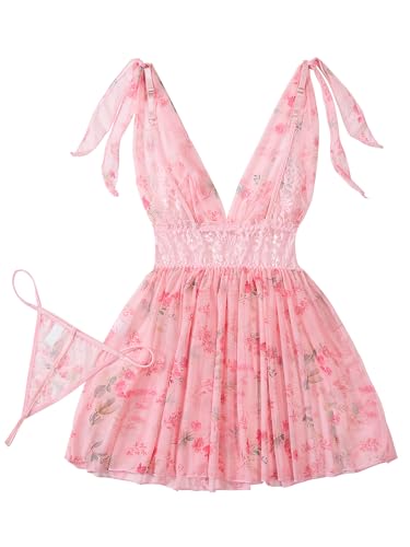 Image of Lilosy Sexy Polka Dots Mesh Sheer Lace Babydoll Chemise Lingerie Set Floral Sleep Wear