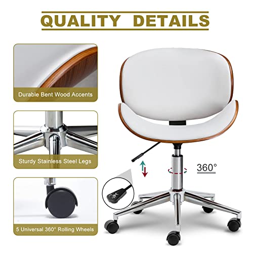 Okakopa White Armless Office Chair Small Desk Chair 360° Swivel Height Adjustable Modern Office Chair Ergonomic Curved Wood Computer Chairs Armless Leather Desk Chair With Wheels (White) #TOP3
