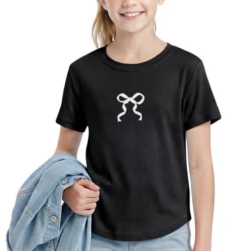Image of WELAKEN Girls Soft T-Shirt with Curved Hem, Breathable Stretchy Rayon Crewneck Short Sleeve Tees, Kids Everyday Basic Top