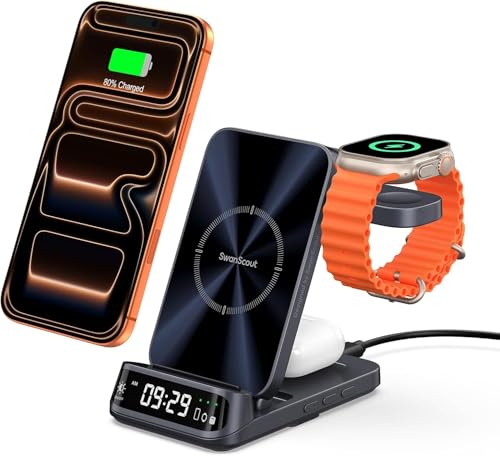 SwanScout 3in1 ���C�����X�[�d��AiPhone �[�d�X�^���h�A�܂肽���ݎ��A�u�������AiPhone 17/16/15/14/13/12�V���[�Y�ɑΉ��A Apple Watch�AAirPods�ɑΉ��i�A�_�v�^�[�ʔ���)�ASwanScout 70