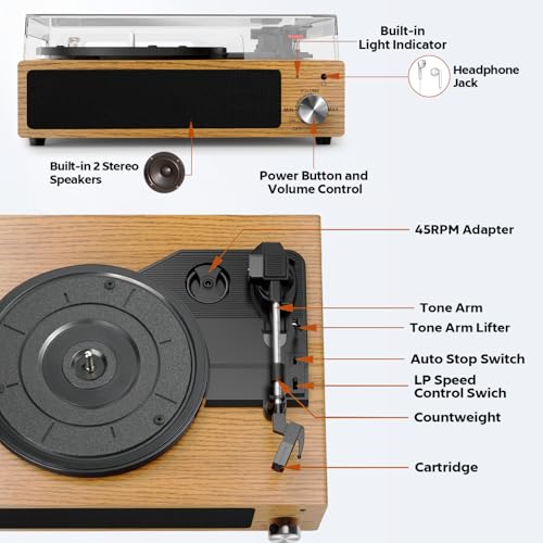 Plattenspieler, FYDEE Vinyl-Plattenspieler mit Eingebauten Stereo-Lautsprechern, 3 Geschwindigkeiten 33/45/78 RPM, Bluetooth-Schallplattenspieler, mit RCA-Ausgang und AUX-Eingang, Naturholz