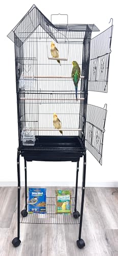 63" Roof Top Bird Flight Parrot Pet House Home Cage with Removable Rolling Stand for Cockatiel Sun Conure Parakeet Finch Budgie Lovebird Canary - Image 4