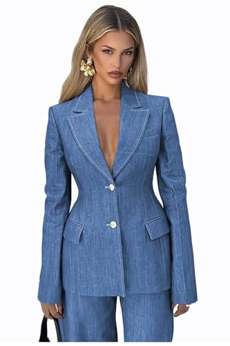Business Medium Blue Womens Suit Plus Size Denim Pant Suits for Women Dressy Party Wedding Tuxedo for Prom 2 Piece Womens Suits Size XX-Large