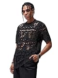 Verdusa Men's Hollow Out Ripped Knit Top Sheer Short Sleeve Sweater Pullovers Black X-Large