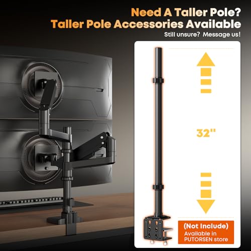 Image of PUTORSEN 17-49 Inch Premium Aluminum Heavy Duty Dual Monitor Arm for Ultrawide Screens up to 44lbs, Vertical Stacked Desk Mount, Full Motion VESA 75 /100, Black