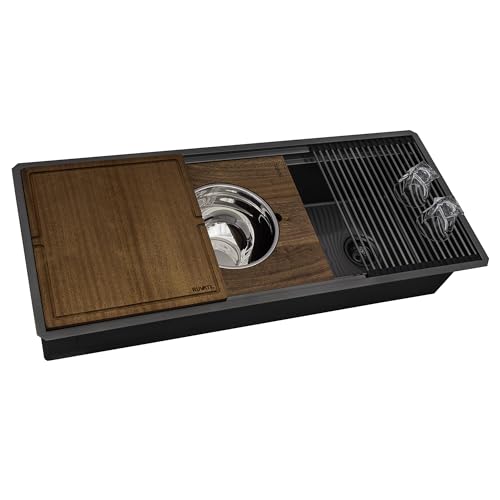 Ruvati 45-inch Gunmetal Black Stainless Steel Workstation Sink - Modern Two-Tiered Ledge Undermount Kitchen Sink, Perfect for Black Sink Kitchens - RVH6333BL