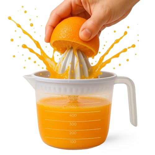 CHEFZOCO Exprimidor de plástico, Exprimidor manual, Formato Jarra 600 Ml, Incluye asa para servir o transportar, Apto para Naranjas, Limones, y otros cítricos, 15 cm Altura, Color transparente