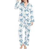 QJDFLL e Ehemann Langärmliger Pyjama aus Seide für Damen mit Schleifendruck, Seidenimitat-Seiden-Homewear-Set(Hellblau,XL)