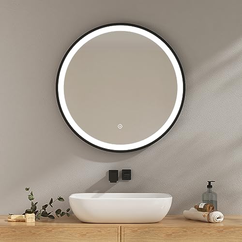 EMKE Espejo Baño con Luz 70 cm Diámetro, Espejo Baño LED Redondo con Interruptor tactil + Función de Memoria, Marco Negro + Bandolera Ajustable Espejo Pared Modelo C