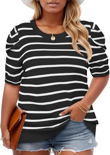 Beautife Womens Plus Size Short Puff Sleeve Sweater Tops Lightweight Striped T Shirts Summer Casual Crew Neck Knit Pullover