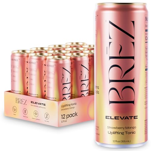 BRĒZ ELEVATE Cordyceps Mushroom Drink, Non-Infused Uplifting Tonic with Cordyceps, Guayusa, Maca & Ginseng, Vegan Adaptogen Drink for Focus, Drive & Mental Clarity, Strawberry Mango, 12 fl oz, 12 Pack